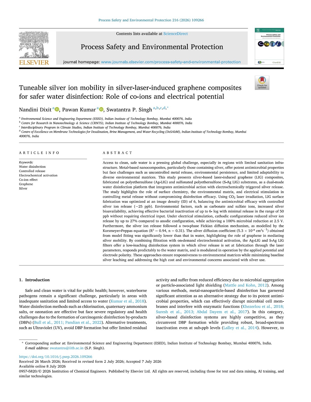 Publication first page for Tuneable silver ion mobility in silver-laser-induced graphene composites for safer water disinfection: Role of co-ions and electrical potential