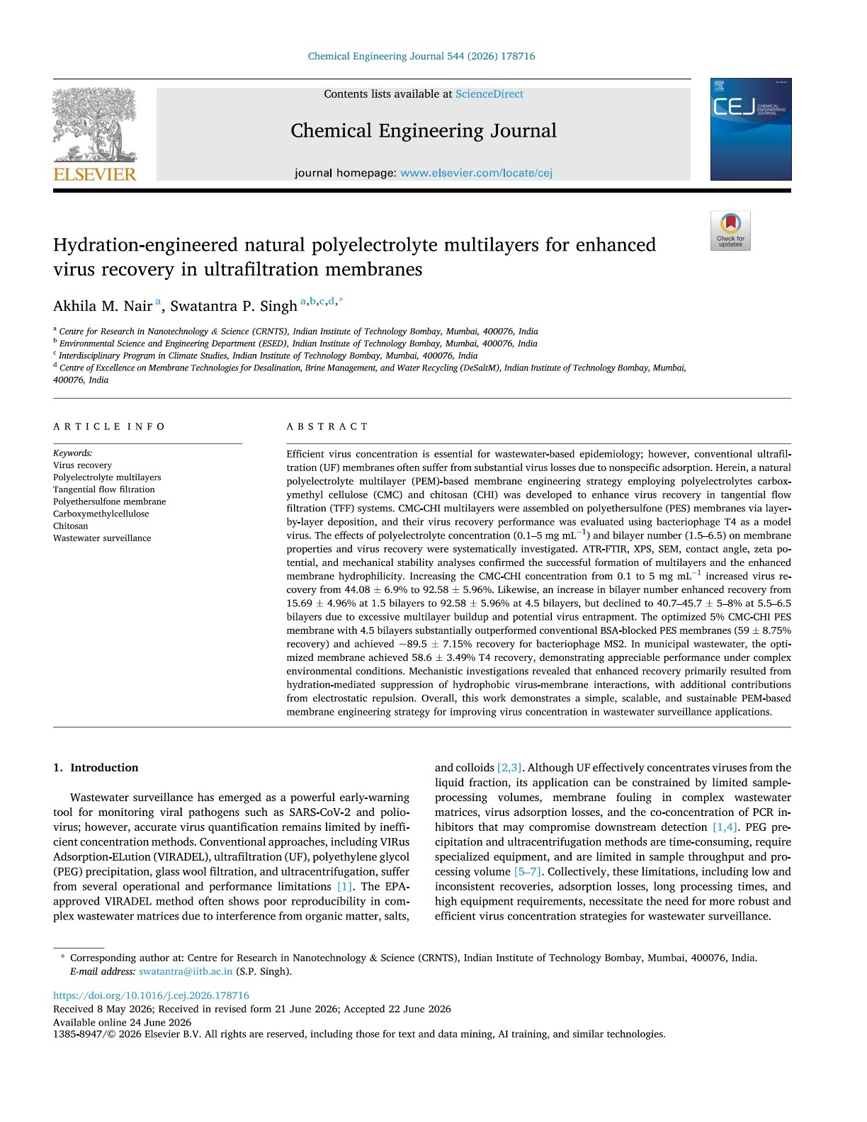 Publication first page for Hydration-engineered natural polyelectrolyte multilayers for enhanced virus recovery in ultrafiltration membranes