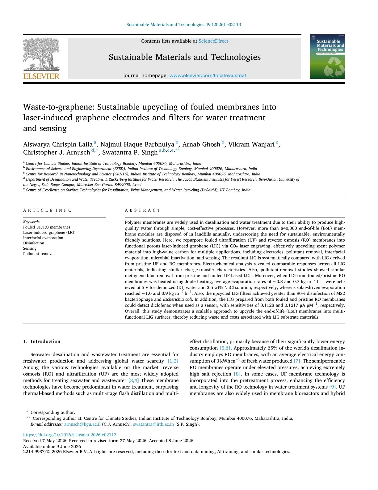 Publication first page for Waste-to-graphene: Sustainable upcycling of fouled membranes into laser-induced graphene electrodes and filters for water treatment and sensing